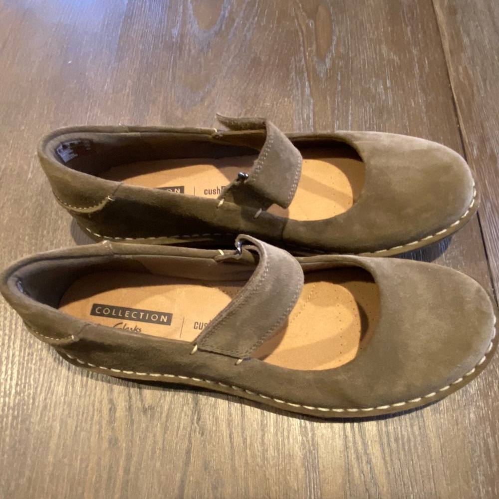 Clarks Taupe Suede Mary Jane Flats - Picture 2 of 16